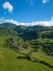 Aerial view of a beef cattle farm on sustainable mountain farm in Panama, Central America - stock photo