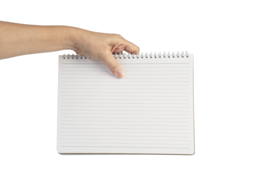 Blank book cover in hand on transparent background.