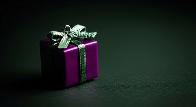 Small Purple Gift Box with Green Ribbon and Bow on Dark Surface