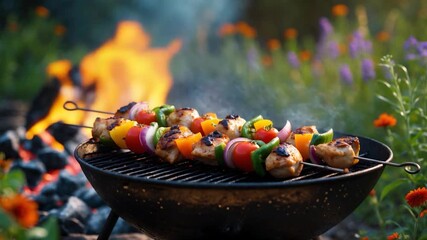 Vibrant skewers of colorful vegetables and chicken grilling on a charcoal barbecue surrounded by lush green grass and flowers with flames and smoke rising captured in soft warm light during outdoor - Powered by Adobe