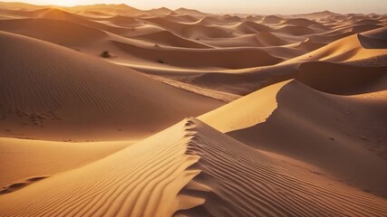 Golden sand dunes rolling under soft sunlight showcasing rippling textures and warm tones in a serene desert landscape during sunrise creating a natural abstract pattern in a wide view - Powered by Adobe