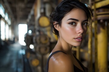 Portrait of a beautiful woman standing in a factory