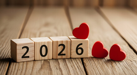 Wooden blocks spelling 2026 with red hearts on a rustic wooden surface numbers
