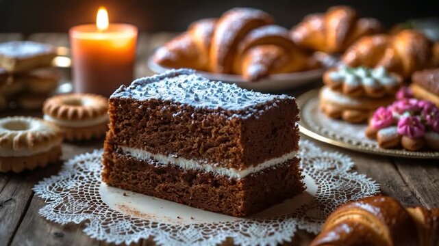 Close-up of a rich dark chocolate cake layered with white cream on a delicate lace doily surrounded by assorted pastries and illuminated by soft candlelight in a cozy indoor setting