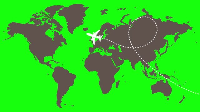 Airplane flying over world map with dotted line showing flight path on a vibrant green background