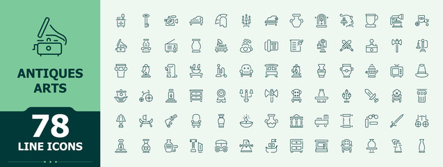 Antiques vector line icon set. Art simple icon set. Minimal linear icons. Pack of old, exhibit, museum, historical, archaeologic, antiquity and more. Vector illustration in modern line style.