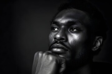 Pensive man rests his chin on his fist in deep thought in black and white