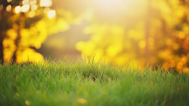 Close up of green grass with a blurry background of trees and bright sunlight in golden hour light