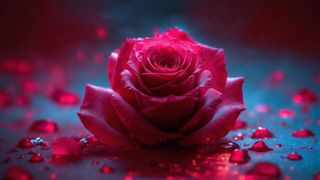 Close-up of vibrant red rose with soft petals surrounded by scattered red petals and droplets on a smooth surface illuminated by colorful lighting transitioning from warm to cool tones