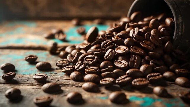 Close-up of dark roasted coffee beans spilling from a rustic metal container onto a weathered wooden surface with turquoise accents showcasing the rich textures and warm tones throughout the scene