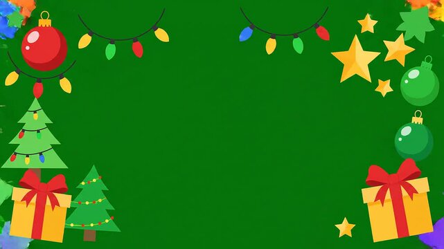 Festive animated christmas elements border frame on chroma key green screen background for seasonal video editing template