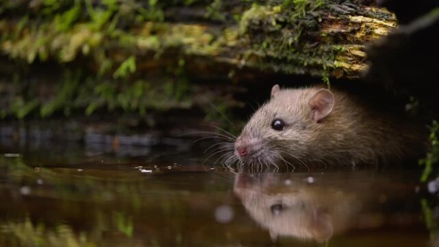 Macro shot of rat drinking from puddle, soft ripples and reflection visible, moss in background