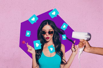 Collage of happy influencer like icon with heart symbolizing internet popularity social media trends