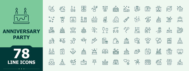 Anniversary Party line icon set. Minimal thin line web icons set. Related to fun, present, festival, happy, surprise, holiday. Signs for web and mobile app. Celebrate icon set.
