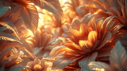 Close-up of warm-toned detailed flowers and lush leaves bathed in soft golden light showcasing intricate textures and layers in a mesmerizing natural setting during daylight in tranquil surroundings