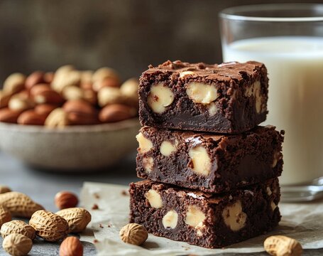Stack of three fudgy chocolate brownies loaded with whole peanuts, served next to a glass of milk