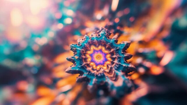 Close-up of intricate colorful fractal pattern showcasing vibrant textures and layers shifting through shades of orange teal and purple against a softly blurred background of glowing highlights and