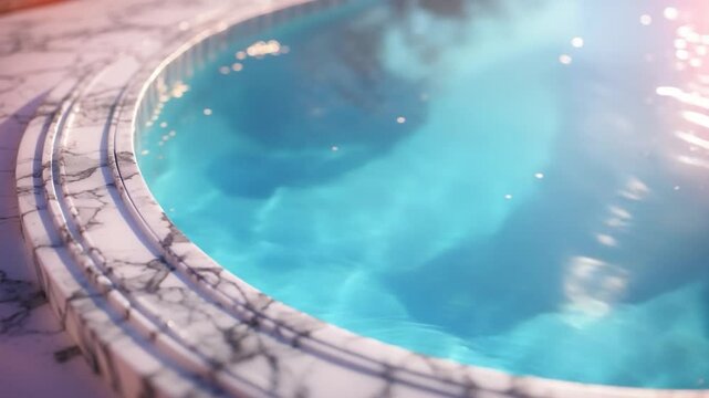 Close-up of sparkling blue water in a luxury marble pool showcasing shimmering reflections and gentle ripples under soft sunlight highlighting textures of stone surfaces and tranquil aquatic movement