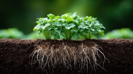 Fresh parsley plants with visible roots growing in rich, dark soil