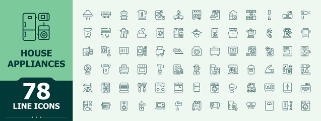 Set of House Appliances line icon. Included washer, wash, household appliances, appliance, house, dishwasher, cook. Modern vector UI icons. Washer icon set. Vector illustration.