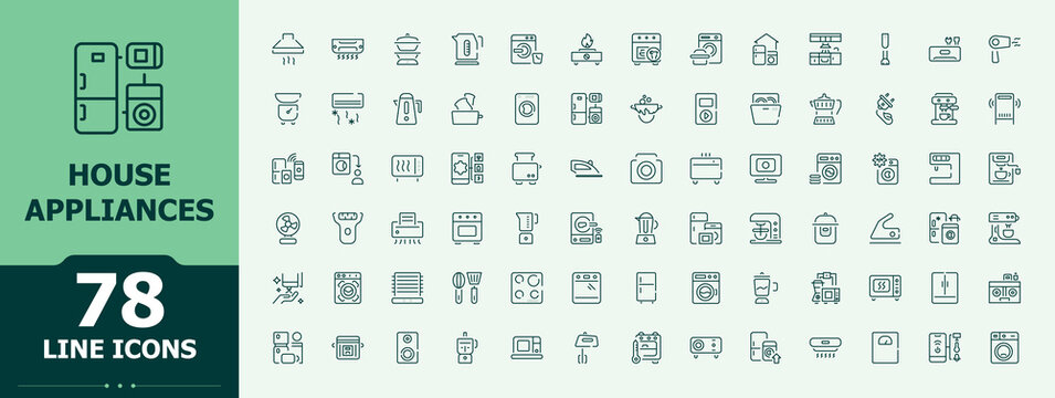 Set of House Appliances line icon. Included washer, wash, household appliances, appliance, house, dishwasher, cook. Modern vector UI icons. Washer icon set. Vector illustration.