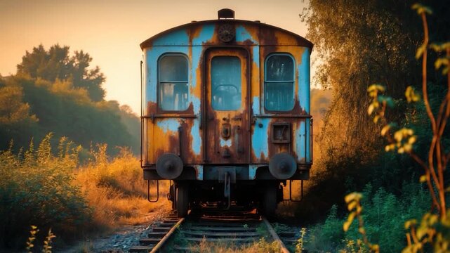 Rusty vintage train on overgrown railway tracks surrounded by bright orange and green foliage under soft golden sunrise light showcasing weathered textures and peaceful natural setting