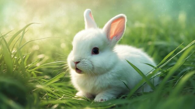 Close-up of a fluffy white rabbit sitting on lush green grass gazing curiously while moving its ears bathed in soft sunlight with a bokeh background captured from different angles throughout the video
