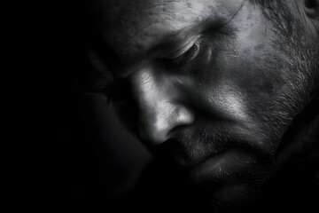 Obraz premium Dramatic close up of a man's face in black and white with a somber expression