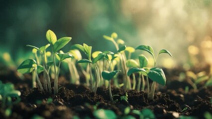 Close-up of vibrant green seedlings emerging from rich dark soil in a sunlit garden showcasing gradual growth progress with lush leaves in a serene outdoor environment highlighting the beauty of - Powered by Adobe
