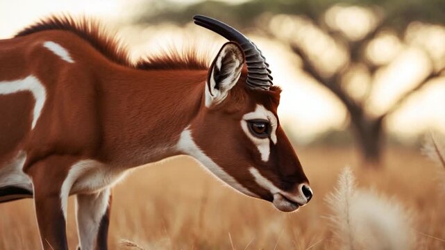Close-up of a brown antelope gazing and grazing in a golden grassland during sunset showcasing its sleek fur distinct white stripes and majestic black horns against a blurred background of an acacia