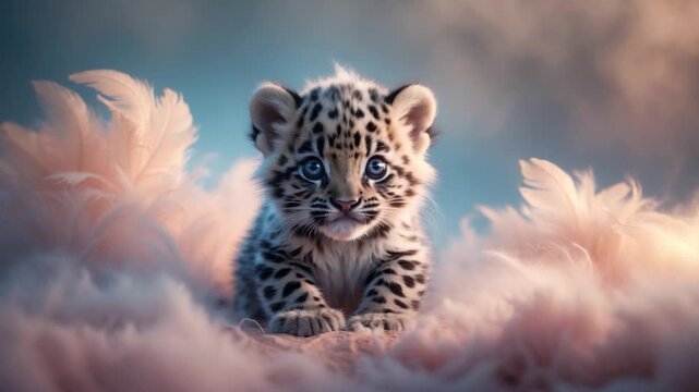 Close-up of a fluffy leopard cub resting on soft pink feathers with big blue eyes in a serene and dreamy environment featuring a blur of pastel colors and delicate textures showcasing the adorable