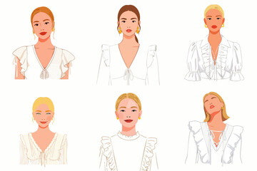 Obraz premium A collection of stylish illustrations showcases six diverse women, each adorned in white attire, exuding elegance and modern fashion sensibilities.