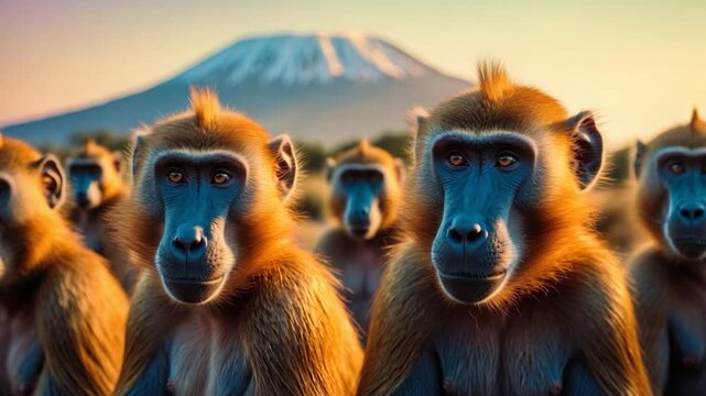Multiple baboons sitting closely together with Mount Kilimanjaro in the background showcasing their vivid facial features and muscular fur texture under warm sunlight creating a vibrant colorful