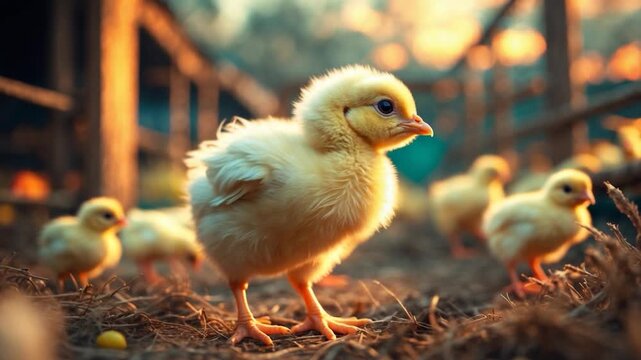 Fluffy yellow chicks foraging in straw indoors at sunset with warm natural light illuminating their soft feathers wooden barn backdrop showcasing multiple angles as they move around playfully and