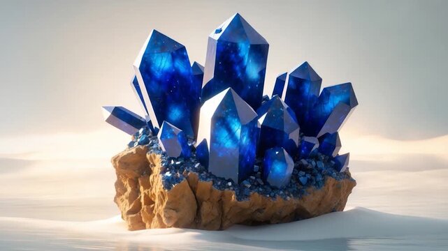 Cluster of blue crystalline formations with sharp angular shapes atop a rocky base illuminated by soft natural light that highlights texture and depth set against a subtly blurred sandy background.