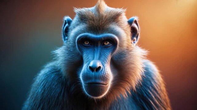 Close-up of a blue-toned baboon with intense gaze displaying subtle changes in expression from beginning to end softly illuminated against a blurred warm-toned background highlighting textured fur