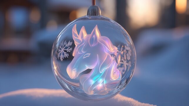 christmas unicorn. A decorative unicorn ornament hanging in snowy surroundings. - Powered by Adobe