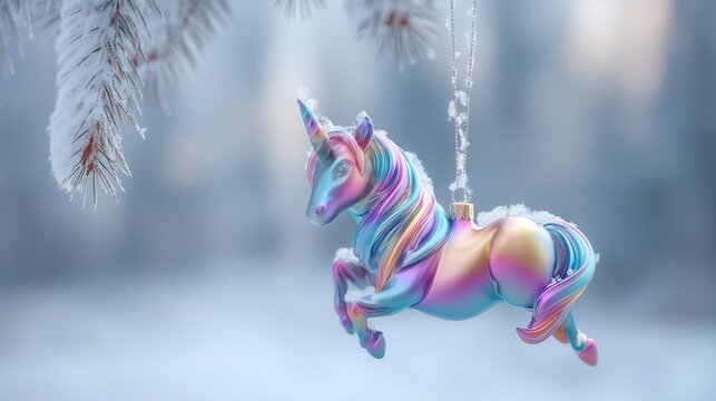 christmas unicorn. Shimmering unicorn ornament hanging from a snowy branch.