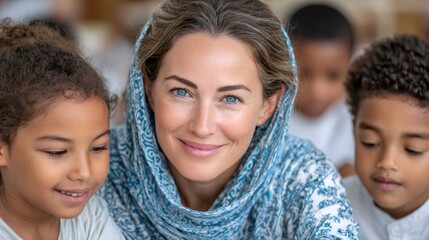 Teacher smiling with diverse children in a classroom
