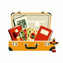 An open suitcase overflowing with travel essentials, including books, money, and a totem pole, suggesting a journey or vacation adventure.