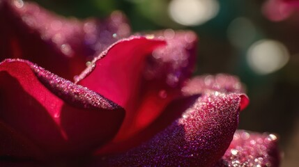 Close-up view of a vibrant red rose petal with dew drops.