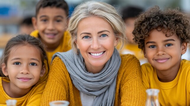 Smiling teacher laughing with diverse school children portrait
