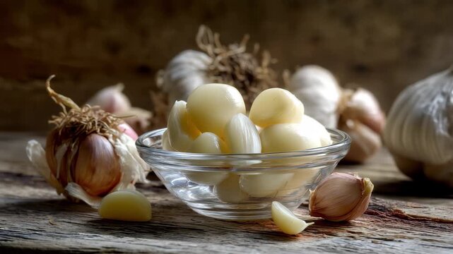 Peeled garlic cloves in glass bowl with whole bulbs on rustic wooden table, 4k high quality footage