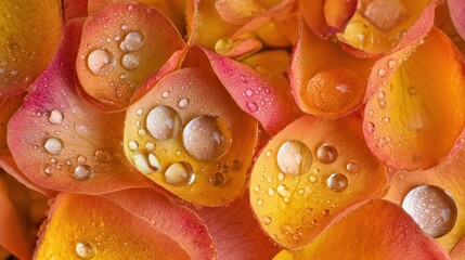 Close-up view of rose petals covered in dew drops.