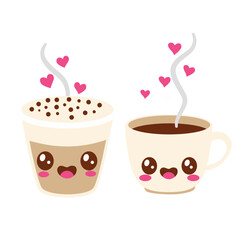 Two steaming coffee cups with hearts icon, perfect for couples, date ideas, or illustrating shared love and sweet moments together.