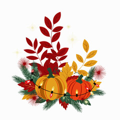 A vibrant autumn arrangement features two pumpkins, surrounded by colorful leaves, twinkling lights, and festive floral elements, perfect for seasonal celebrations.