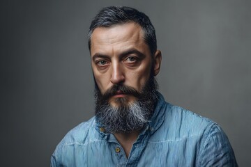 Obraz premium Portrait of handsome man with a beard and a striped shirt against a gray background