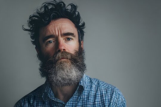 Intense portrait of a man with curly dark hair and a salt and pepper beard looking at camera