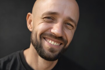 Obraz premium Close up portrait of a bald man smiling joyfully at the camera