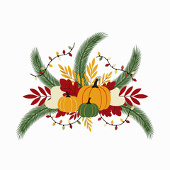 A vibrant autumn arrangement features pumpkins, leaves, and festive lights, creating a warm and inviting seasonal illustration perfect for fall celebrations.